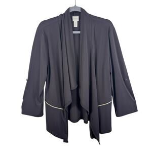 Chico's Brown Long Roll Tab Sleeve Stretchy Draped Open Blouse Pockets Size L